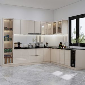 Mẫu Tủ Bếp chữ L - Nhôm cánh kính Cường lực 2